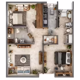 an overhead view of a house with a couch, bed, desk and kitchen
