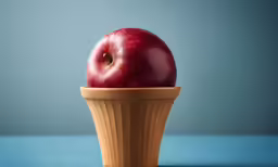 an apple sitting in a wooden cup that is half full
