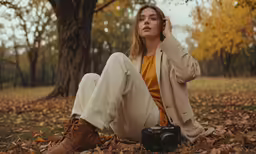 a woman sitting on the ground in the leaves with a camera and jacket