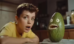 a boy looks at the green monster that is on the table