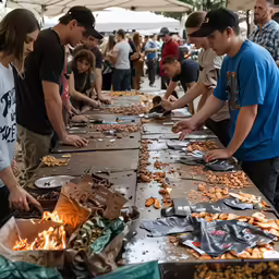 people working with metal objects on an outdoor table