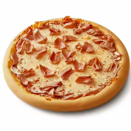 pizza with cheese and bacon on a white background
