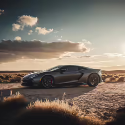 a modern car sits on the edge of the desert