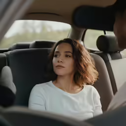 a woman sitting in the passenger seat of a car