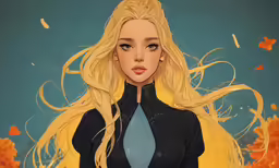 the digital painting depicts a blonde haired woman with long hair, and her image is blue