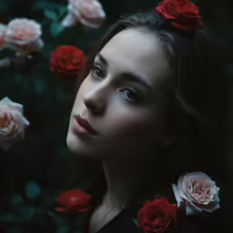 a woman is sitting in the middle of roses