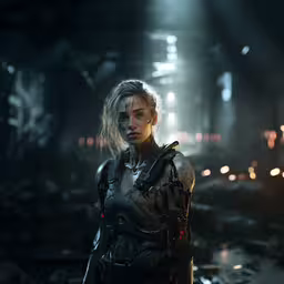 woman in futuristic suit standing in dark tunnel,a woman dressed in black stands next to a broken train