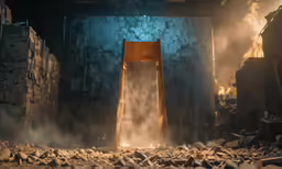 a chair on a messy, broken floor in an old building