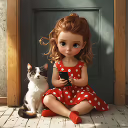 there is a girl and a cat sitting in front of a door
