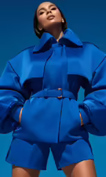 a woman is wearing a bright blue shirt dress