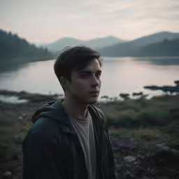 young man in parka stands facing water in the distance