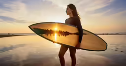 a young lady carrying a surfboard on the beach