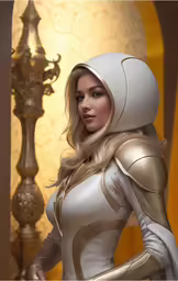a female character with a hood and golden armor