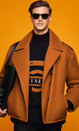 a man in black shirt and sunglasses wearing an orange coat