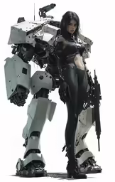 a female robot is posing with a gun