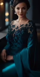 a woman is posing in a dark dress