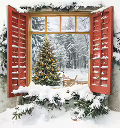 a snowy scene with a red window and christmas tree