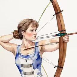 a woman wearing white and blue is holding a bow and arrow,a drawing of a woman in a tank top aiming an archery arrow