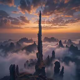 a tower rises out of the fog with the sun setting in the background