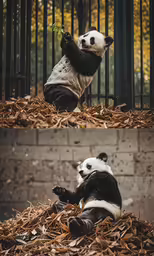 two panda bears sitting on top of a pile of leaves