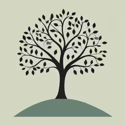 a tree on a hill with leaves in the foreground
