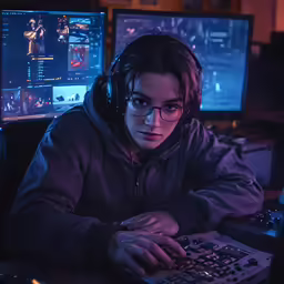 a person wearing headphones while using a keyboard