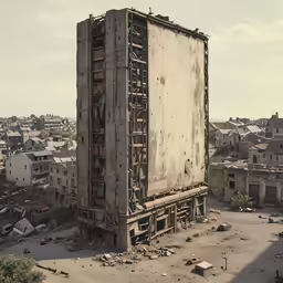 a huge rusted building near a city filled with buildings