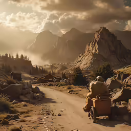 the man sits on top of his cart in the mountains