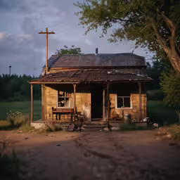 the house is covered with rust and sits empty,the small shack is being renovated and has wooden benches