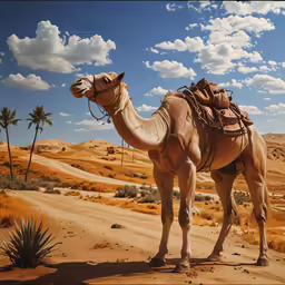 a camel is walking down the road in the desert