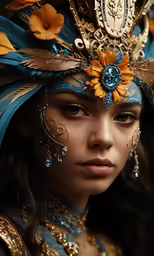 a woman with blue, orange, and gold costumes is posing for a portrait