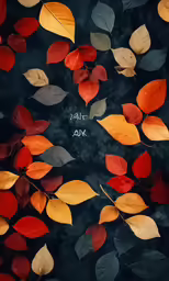autumn leaves flying through the air with a black background