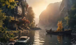 there are two people in a boat riding along the river