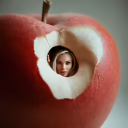 a woman looking through a hole in an apple
