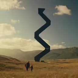 two people are walking through an open field