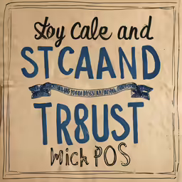 a poster that is in blue ink and has words written on it