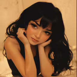 a woman sitting on the bed with her hand under her cheek