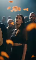 woman in sheer top looking into the distance with a large group of people standing behind her