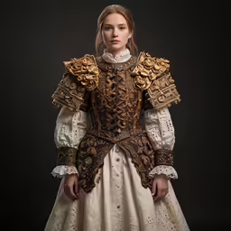 a young woman in a dress with gold detailing on the chest