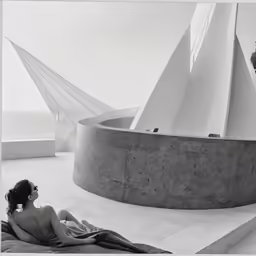 woman sitting outside of modern architecture near water