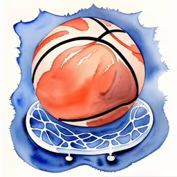a drawing of a basketball on top of a blue and white object,a drawing of a basketball and a plate on a plate,a picture of a basketball on top of a skateboard,a watercolor painting of a basketball over a blue background,a basketball is sitting on top of a plate