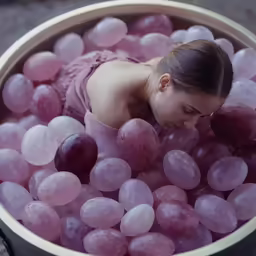 a woman that is in some water with some grapes