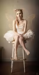 a young girl in white dress sitting on chair