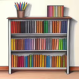 a pencil drawing of some books and a cup,there is a book shelf and two pots on top,a drawing of a multi colored book shelf with books and colored pencils,a drawing of a multi colored bookshelf in front of a wall,a painting of some books on a white shelf