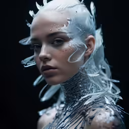 a woman is wearing plastic hair and a silver necklace