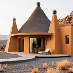 a large brown adobe like house with large windows
