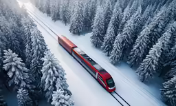 an aerial view of a train traveling through the woods