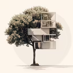 a building is built into a tree in the shape of a house