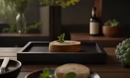 a square black tray with a round plant on top