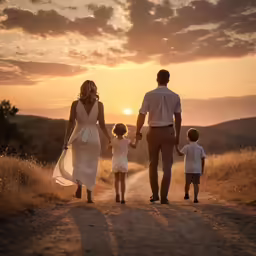 a family walking down the road in an orange sunset